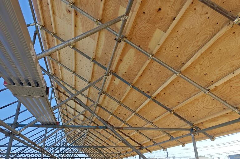    鶏舎製作工事　片屋根側の野地板施工完了   